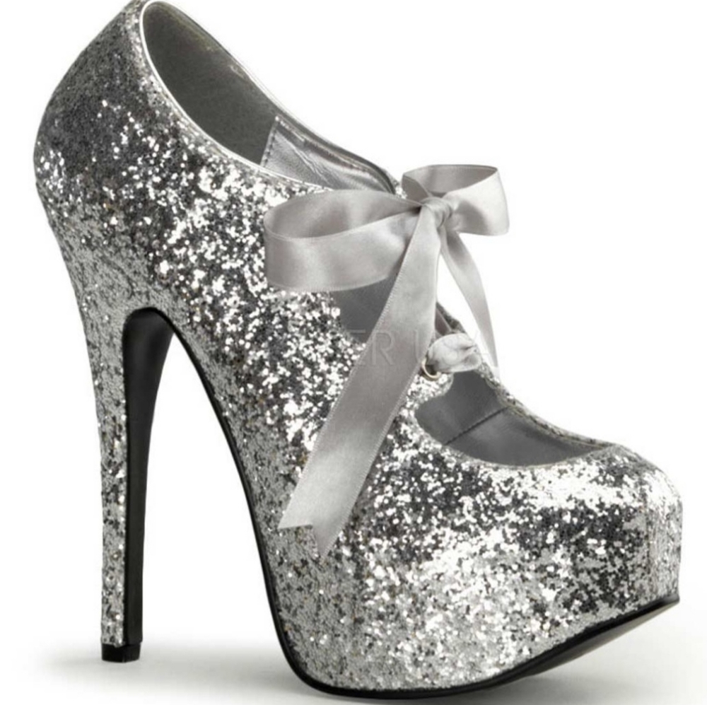 PLEASER BORDELLO "TEEZE-10G" SILVER GLITTER HEELS